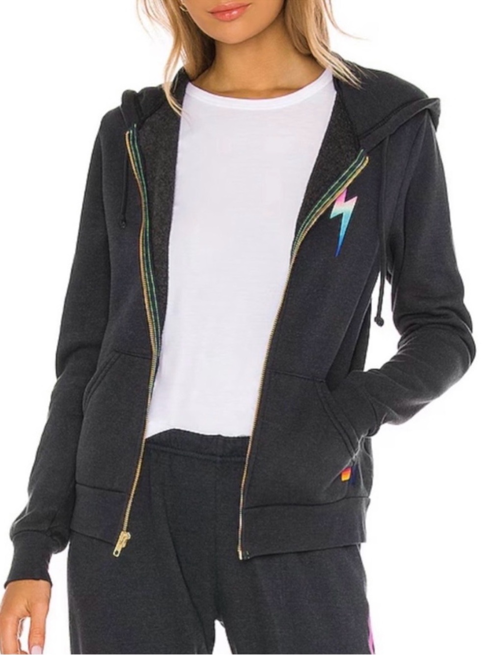 Aviator NationBlack Zip-Up Hoodie with Rainbow Lightning Bolt